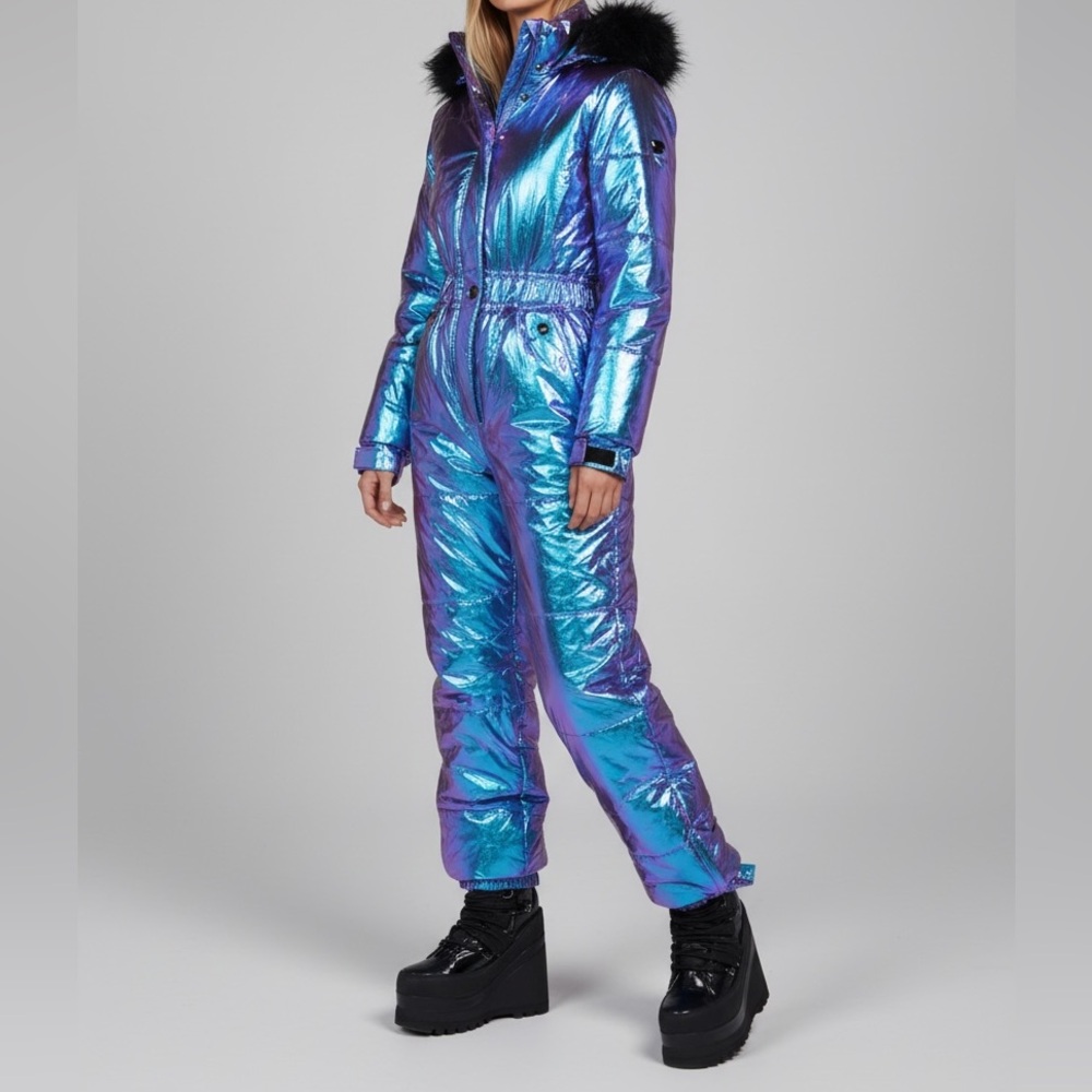 Dolls Kill Iridescent Metallic Blue-Purple Ski Jumpsuit with Black Fur Trim - Picture 3 of 4